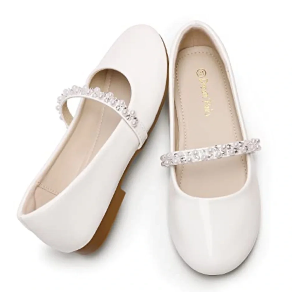 DREAM PAIRS White Kids Dress Shoes with Pearl Strap